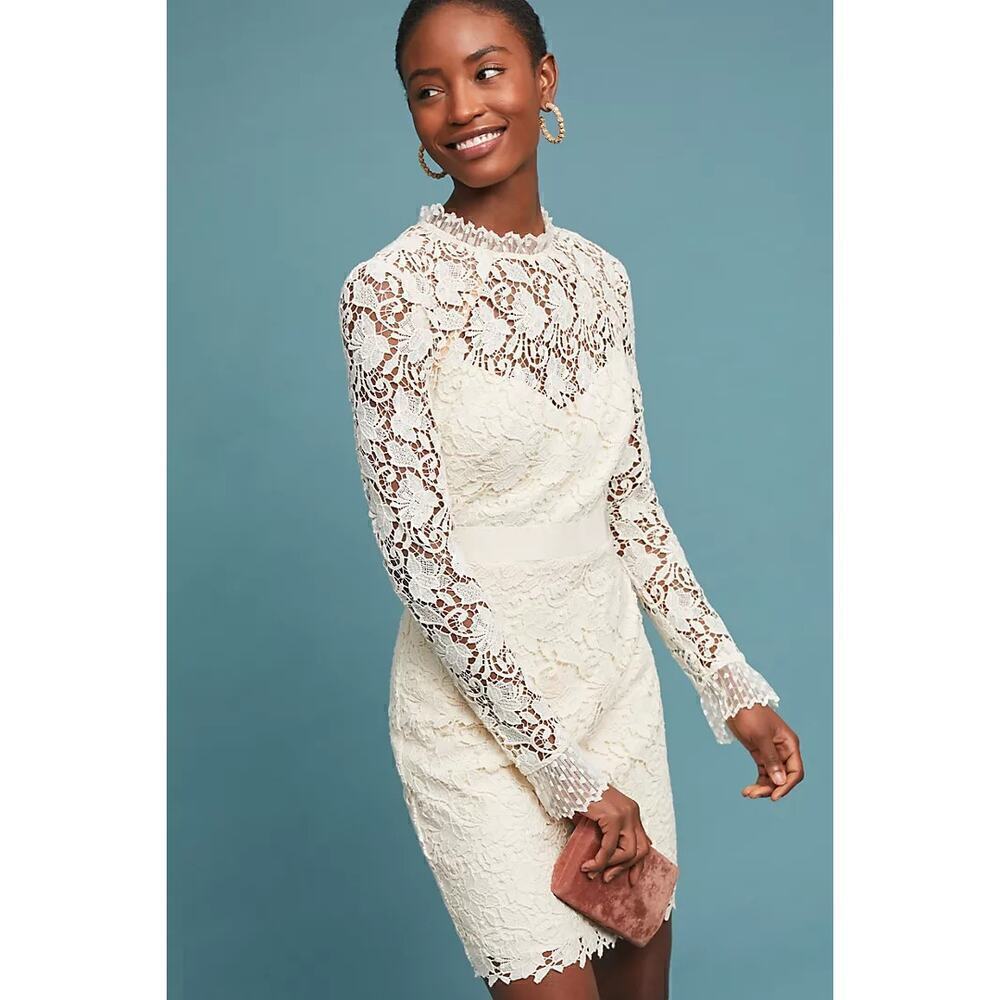 Monique Lhuillier Marie Dress Lace Long Sleeve Sheath Mini Ivory White 4